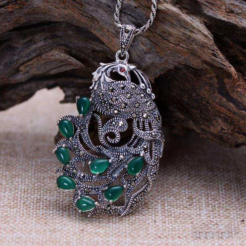 Chamaine 925 Sterling Silver Peacock Natural Gemstone Pendants For Women Inlaid Green Chalcedony Marcasite