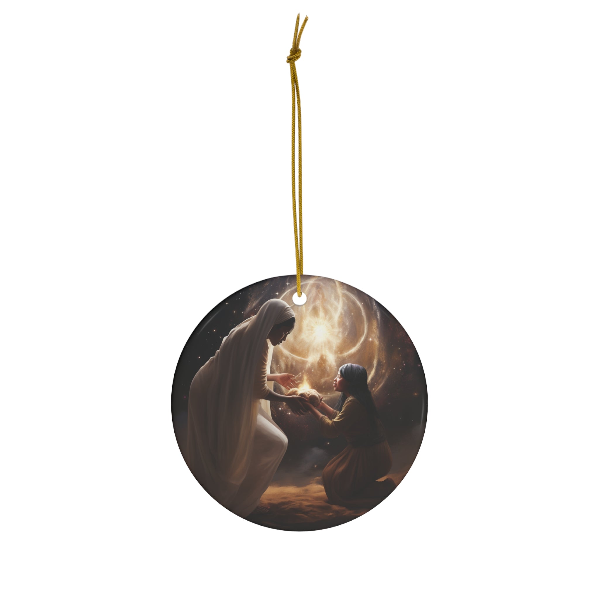 DistinctInk Hanging Ceramic Christmas Tree Ornament Charm with Gold String - Great Gift/Present - 2 3/4 inch Diameter -?Virgin Birth: Isaiah 7:14