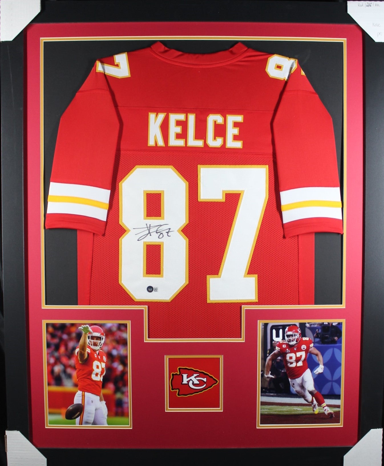 Travis Kelce framed autographed red jersey