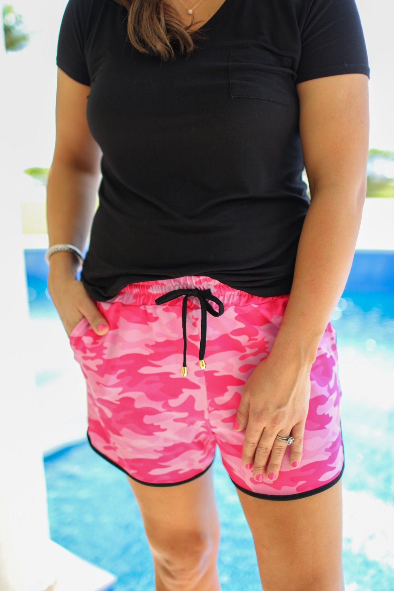 On the Hunt Pink Camo Drawstring Everyday Shorts