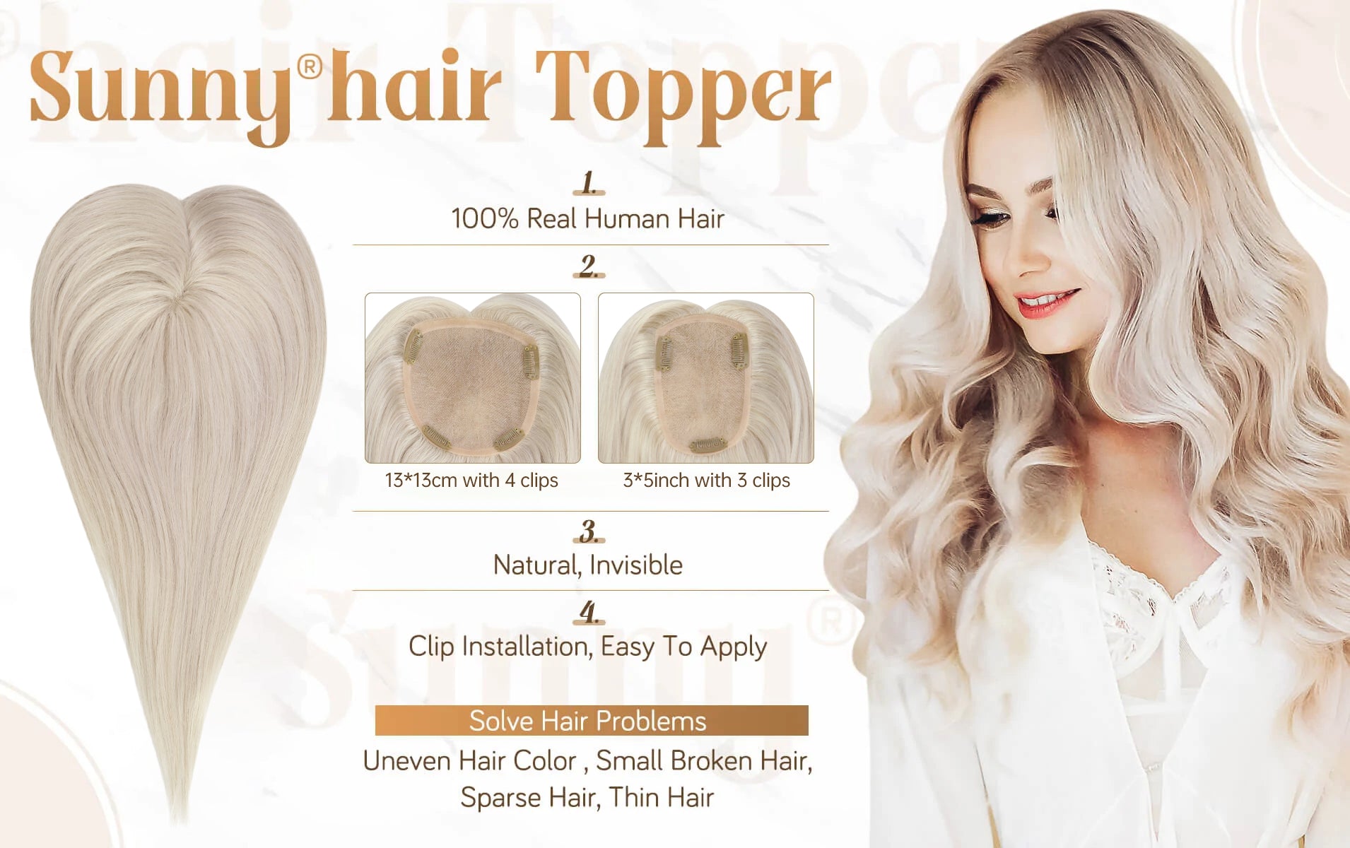 Sunny Hair Hand-Made Tied Mono Top Hair Topper Human Hair Piece — SunnyHair