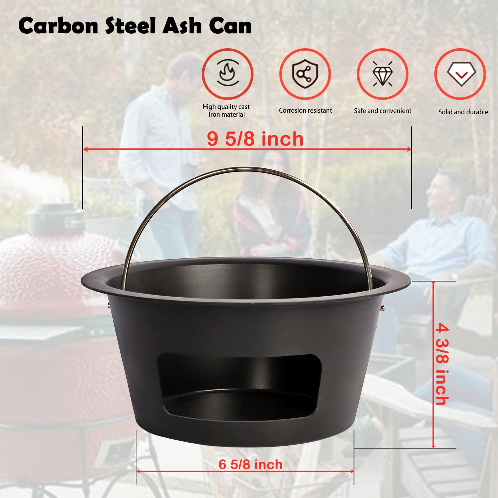 BBQ Carbon Steel Ash Can with Handle for Kamado Joe Classic Joe, Charcoal Ash Collector Charcoal Ash Can Basket Fits for Large Big Green Egg Accessories or Other Charcoal Grills