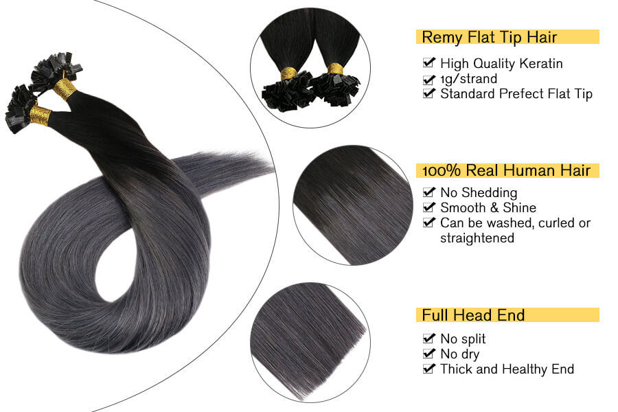 Ombre Fusion Hair Extensions Human Hair 50strands Flat Tip Real Human Hair Extensions Off Black Ombre to Silver Keratin