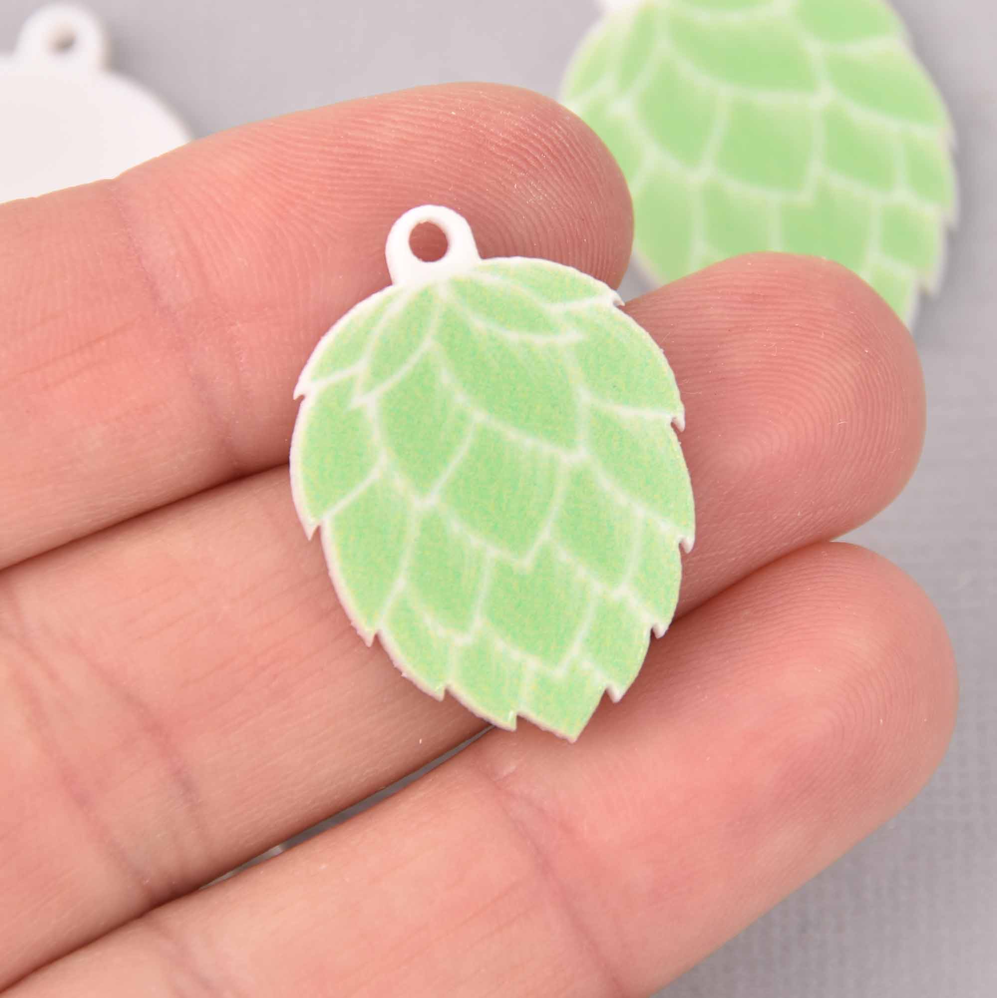 6 Hops Charms, Green and white laser cut acrylic, 30mm, chs7795