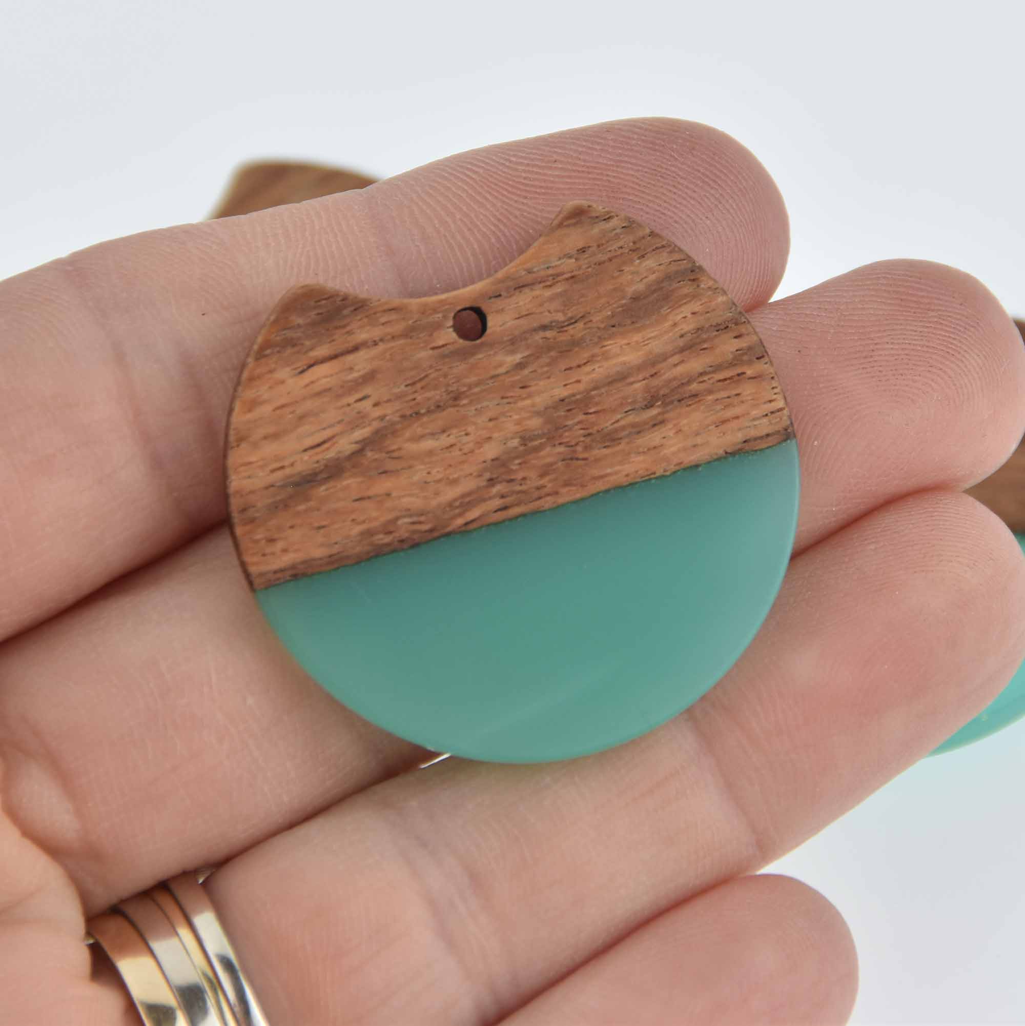 2 Round Moon Charms, Teal Resin and Real Wood, 1.5