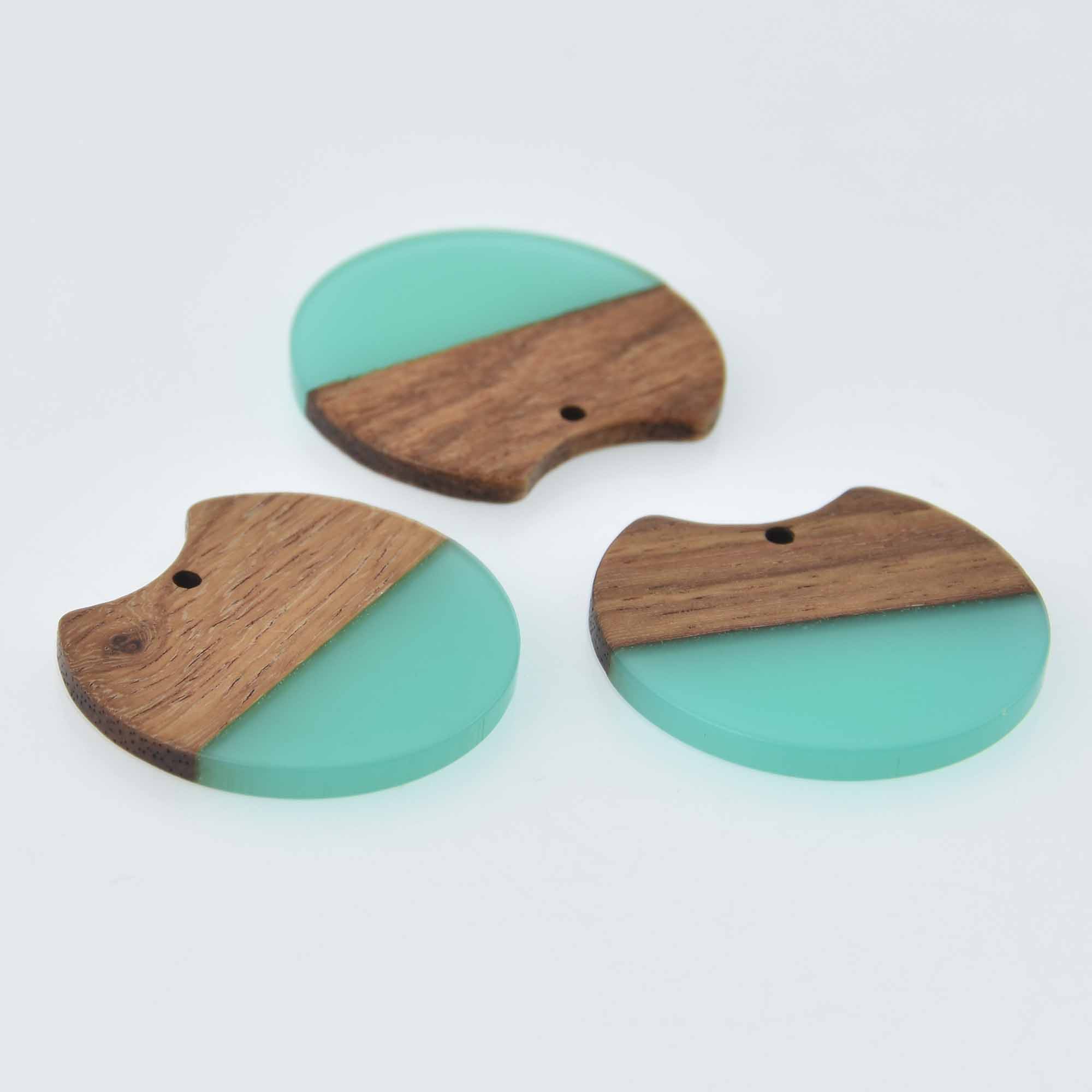 2 Round Moon Charms, Teal Resin and Real Wood, 1.5