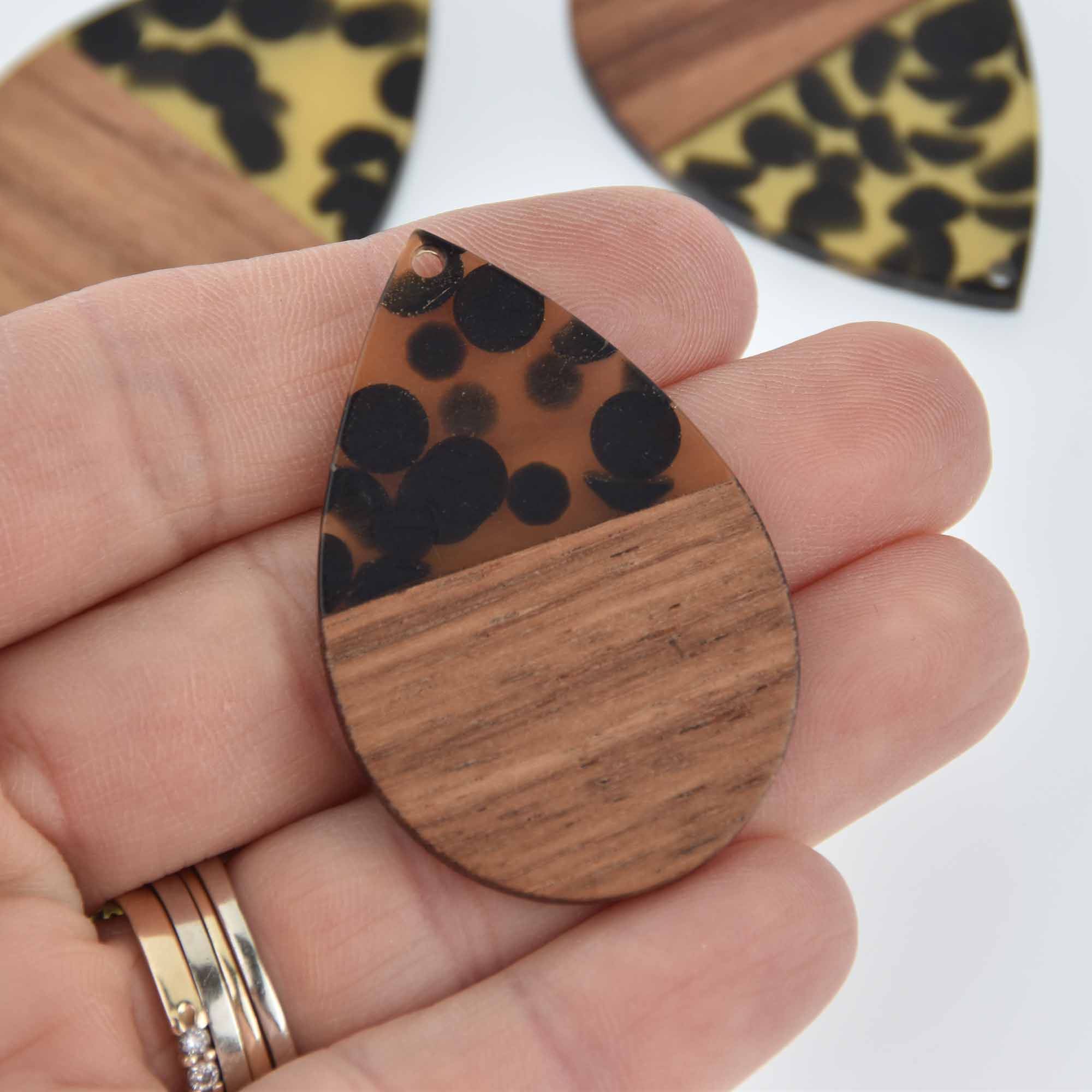 2 Teardrop Charms, Brown and Black Speckled Resin with Real Wood, 47mm long, chs7825