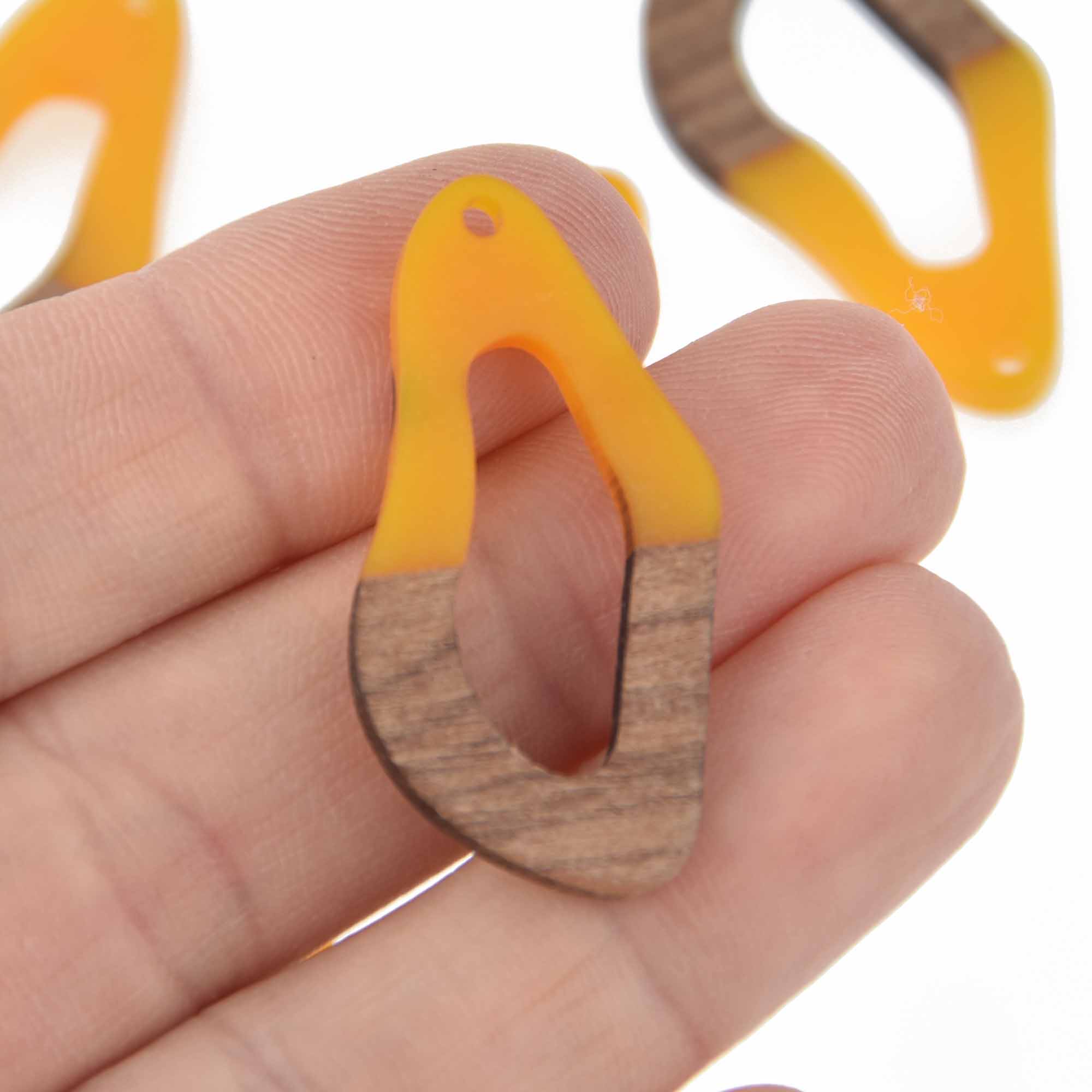 2 Golden Yellow Resin Wood Charms, Twisted Oval, 1.5
