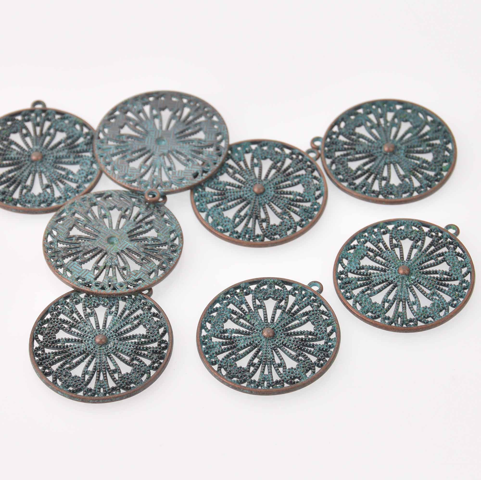 5 Copper Patina MANDALA Charms, blue verdigris, 33mm, chs7972