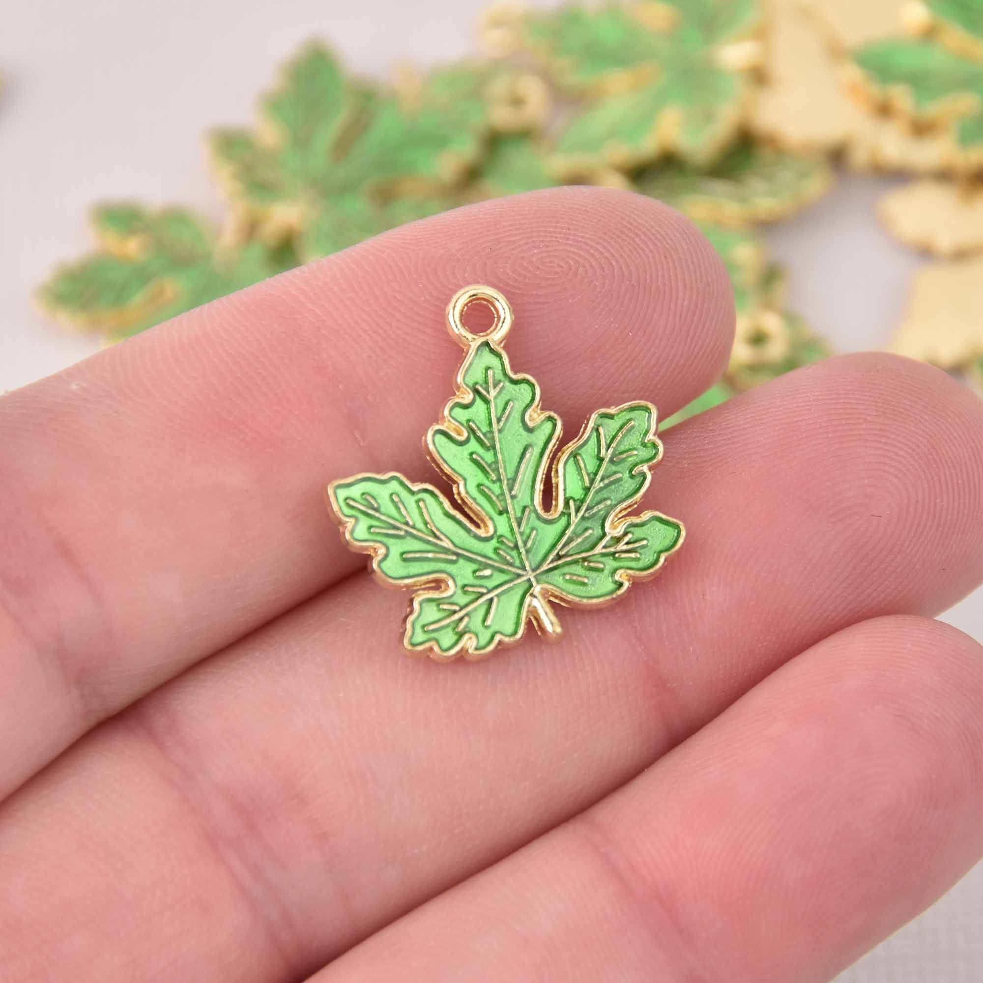 6 Green Leaf Charms, gold plated, chs8023