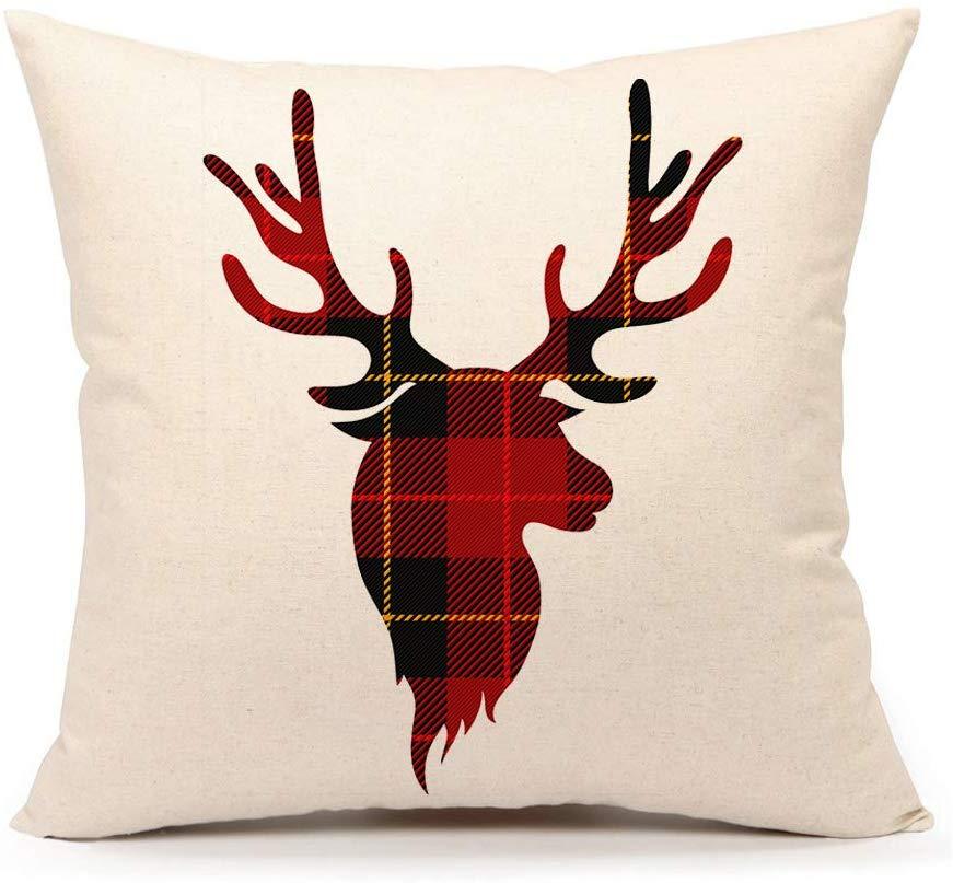 Red Black Buffalo Plaids Deer Throw Pillow Cover Merry Christmas Cushion