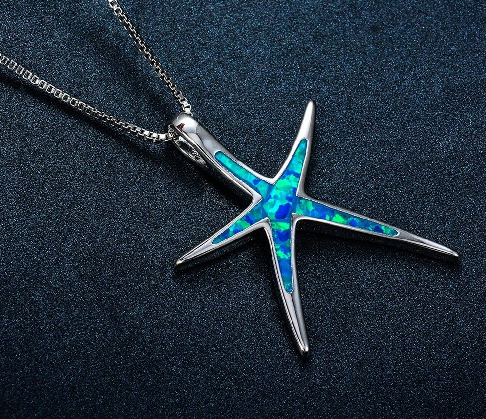 Fashion Blue Fire Star Opal White Gold Filled Necklace Pendant For Women