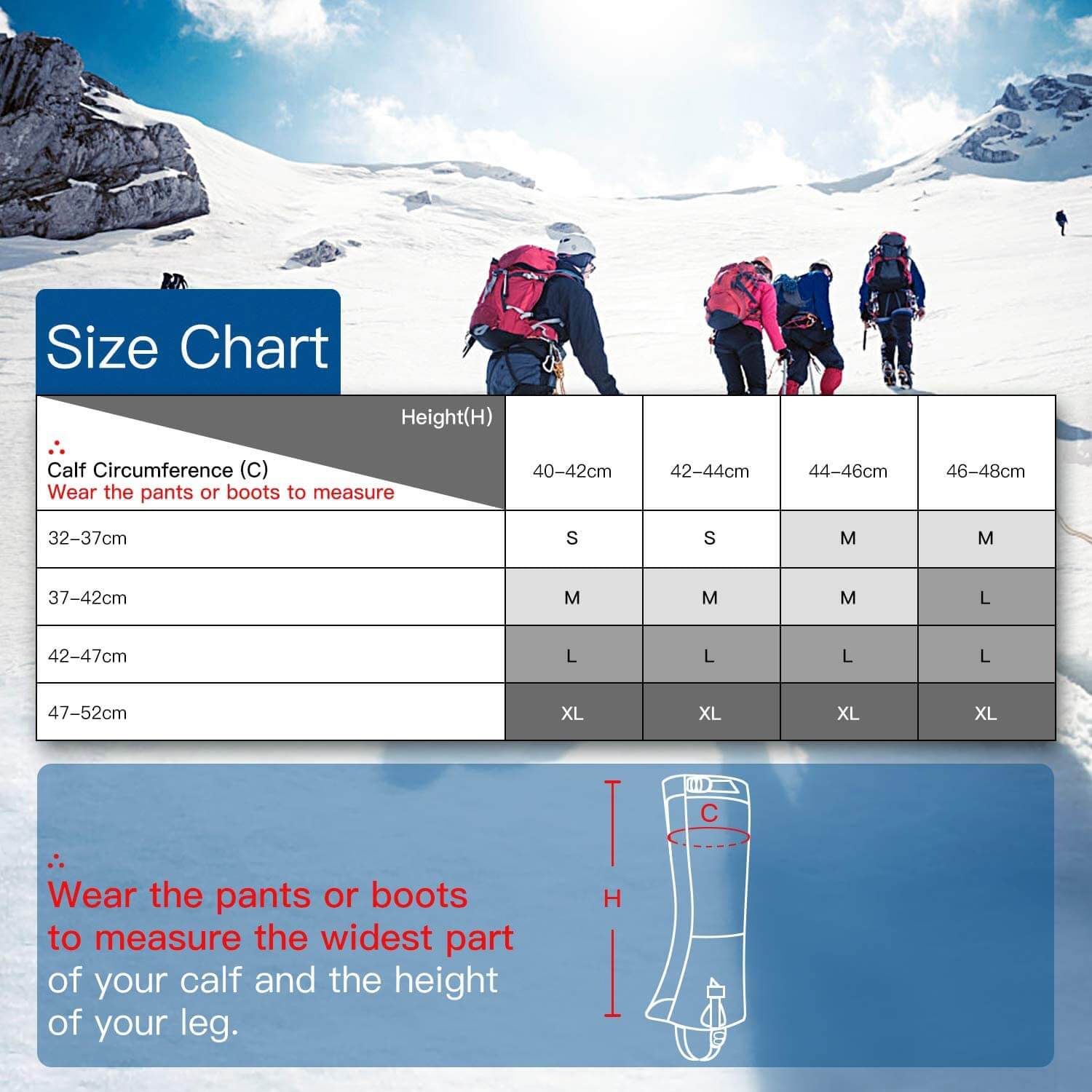 leg gaiter size chart