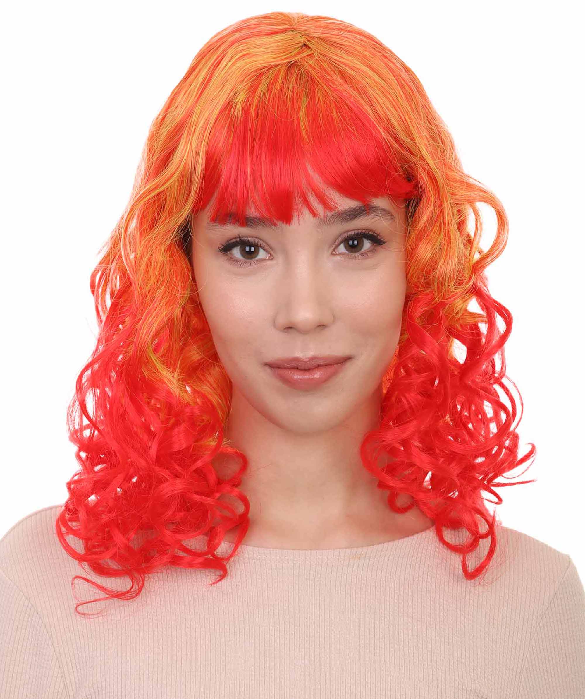 Red and Yellow Two Tone Long Wavy Womens Wig | Party Ready Fancy Cosplay Halloween Wig | Premium Breathable Capless Cap