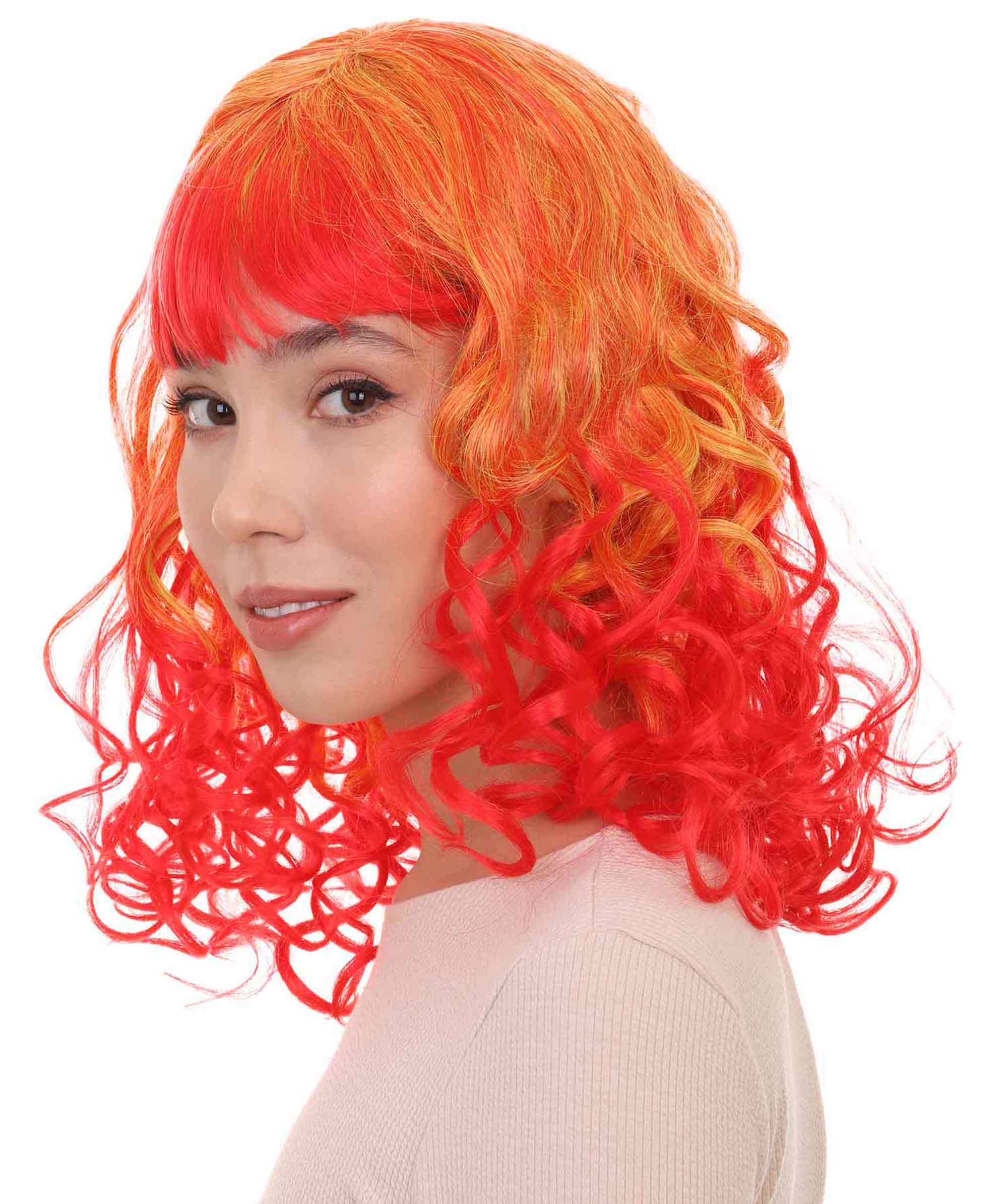 Red and Yellow Two Tone Long Wavy Womens Wig | Party Ready Fancy Cosplay Halloween Wig | Premium Breathable Capless Cap