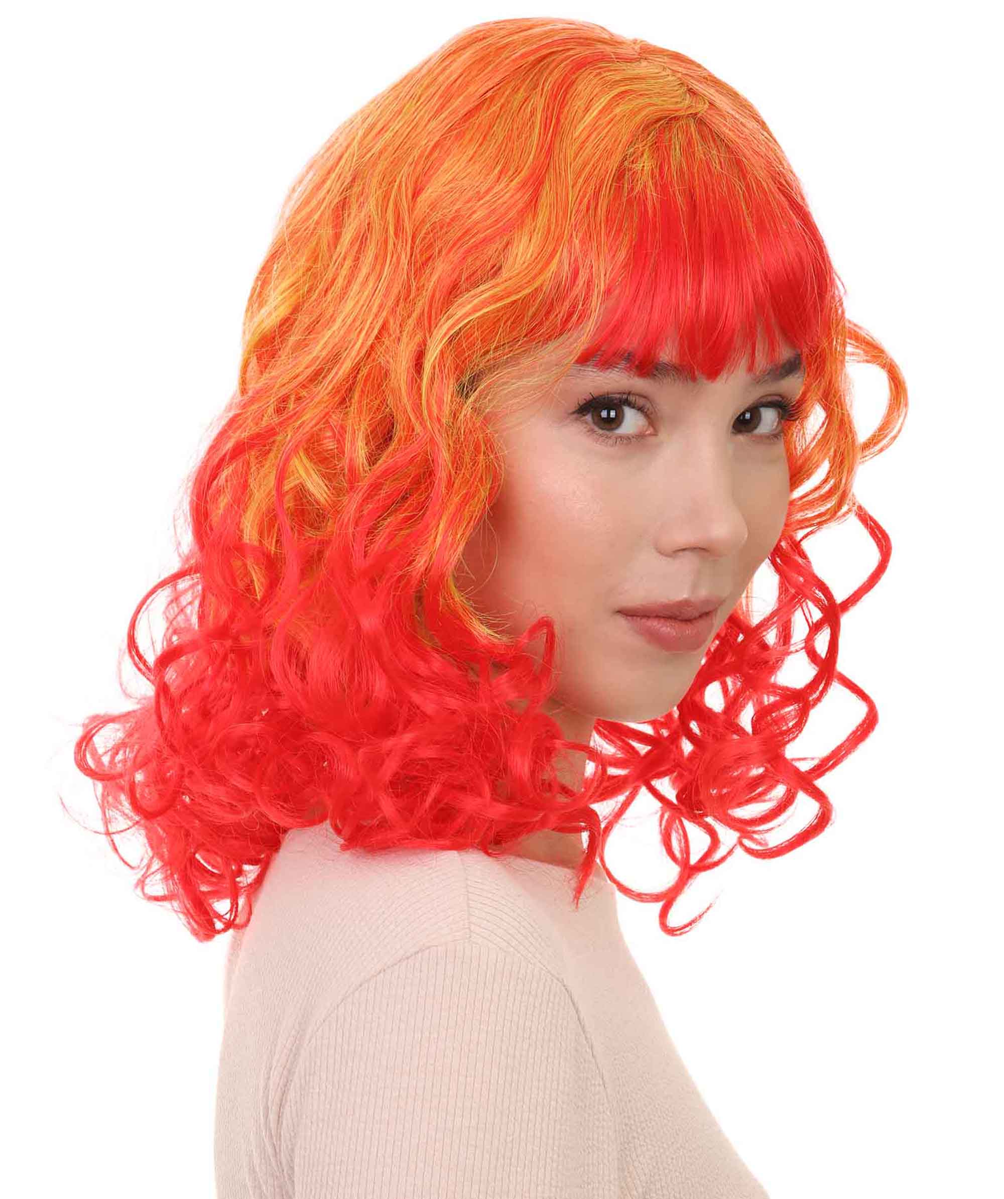 Red and Yellow Two Tone Long Wavy Womens Wig | Party Ready Fancy Cosplay Halloween Wig | Premium Breathable Capless Cap