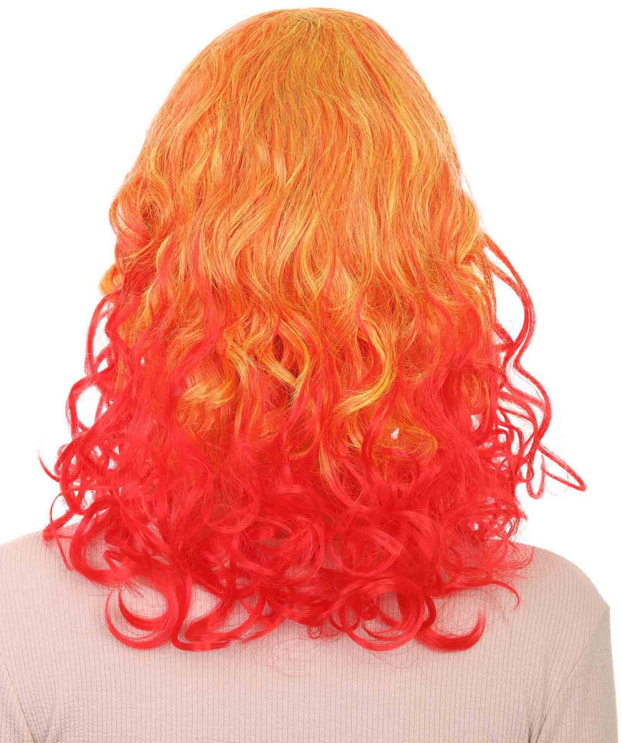 Red and Yellow Two Tone Long Wavy Womens Wig | Party Ready Fancy Cosplay Halloween Wig | Premium Breathable Capless Cap