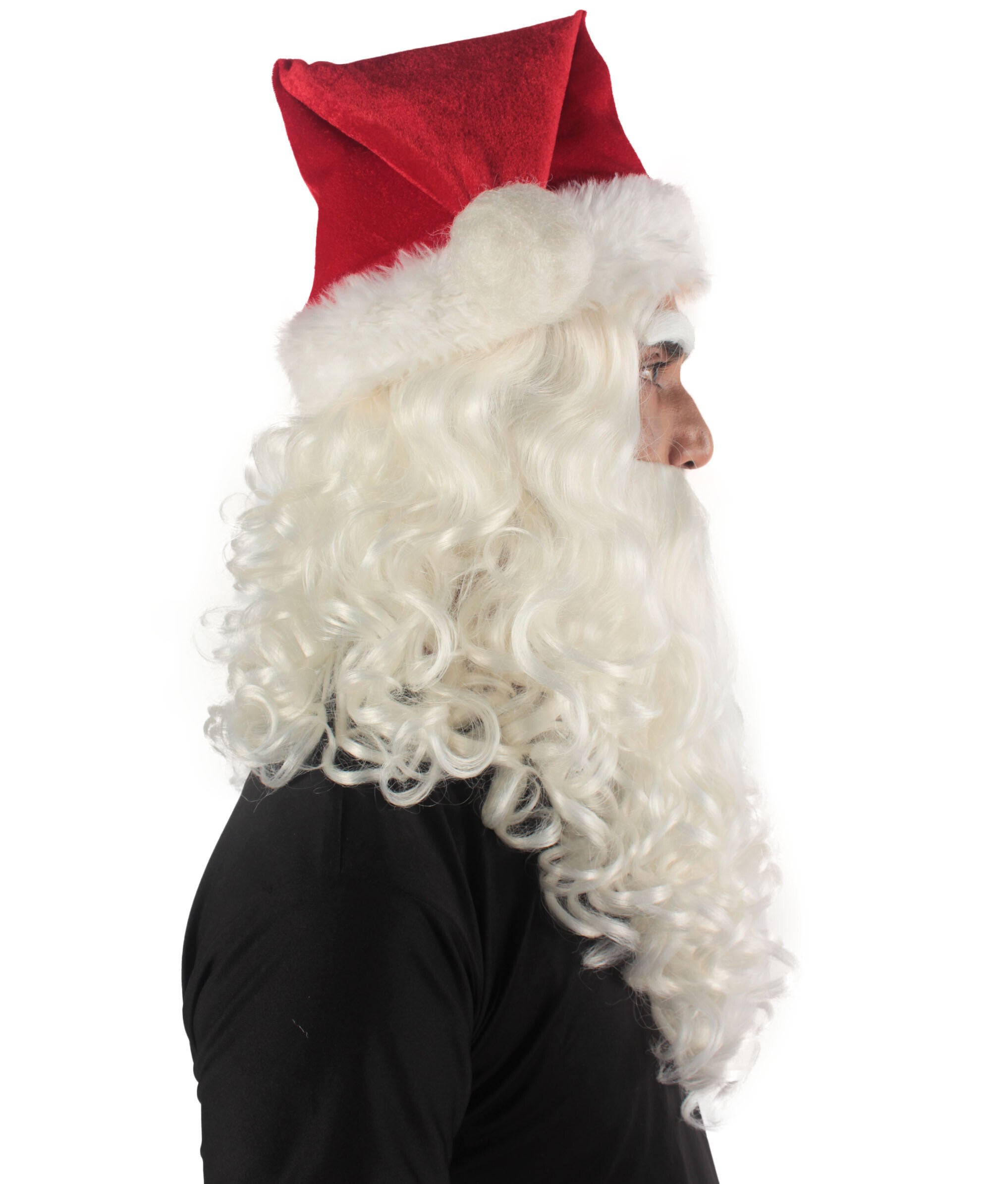 Adult Unisex Christmas Santa White Wig Beard And Red Hat Set, Long Synthetic Fibers