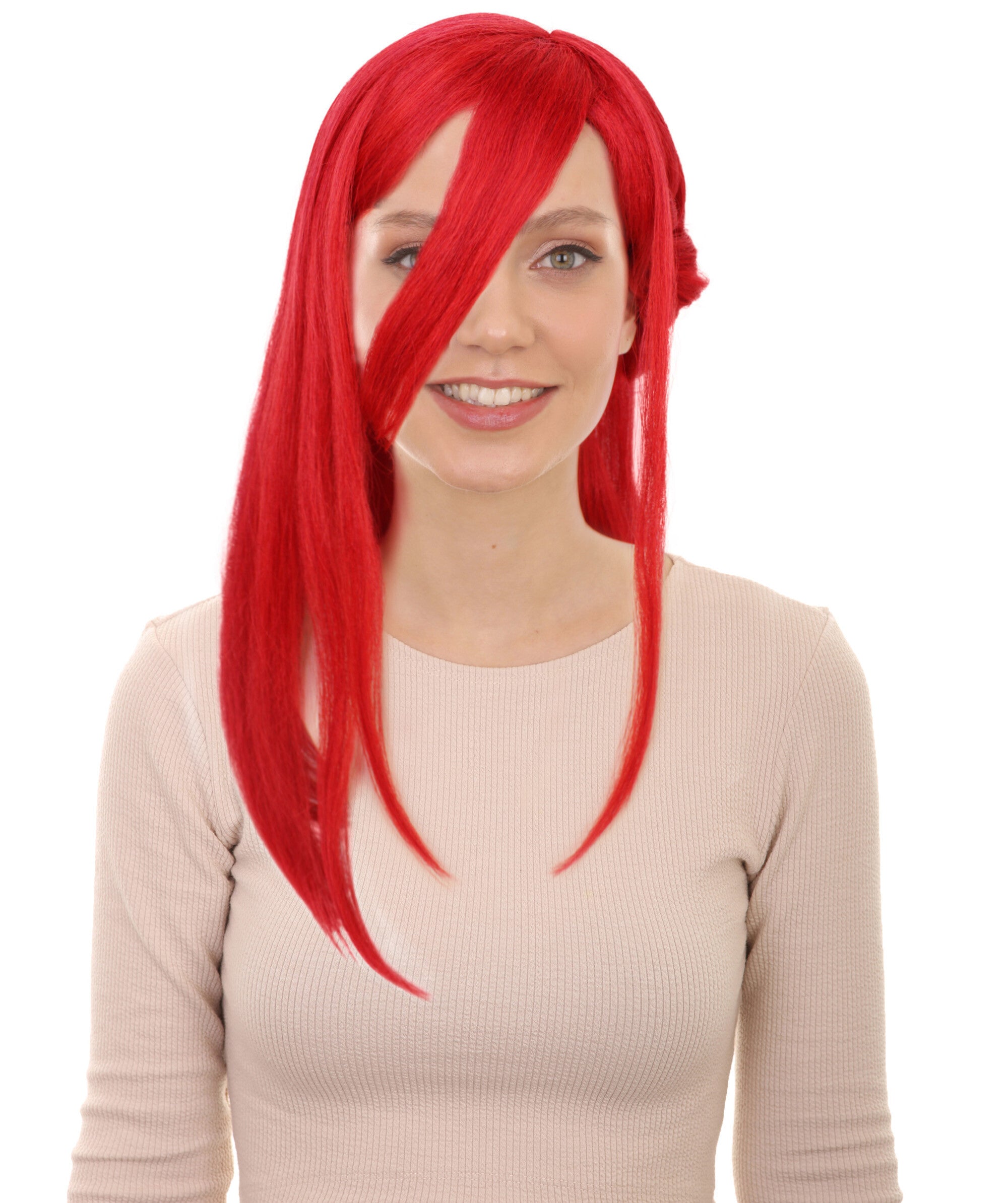 HPO Adult Unisex Soccer Anime Long Red Cosplay Wig with Side Braids I Perfect for Halloween I Flame retardant Synthetic Fiber