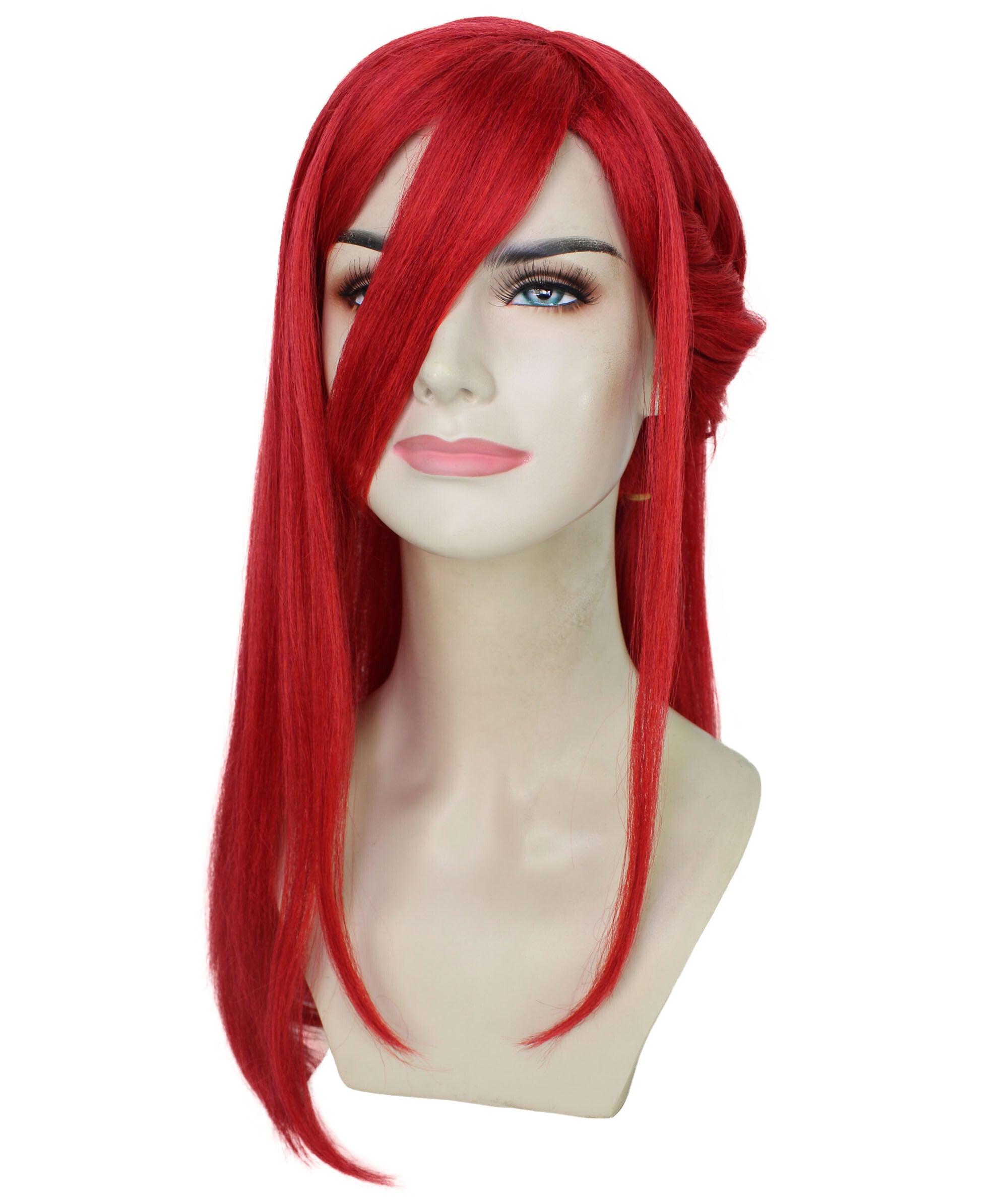 HPO Adult Unisex Soccer Anime Long Red Cosplay Wig with Side Braids I Perfect for Halloween I Flame retardant Synthetic Fiber