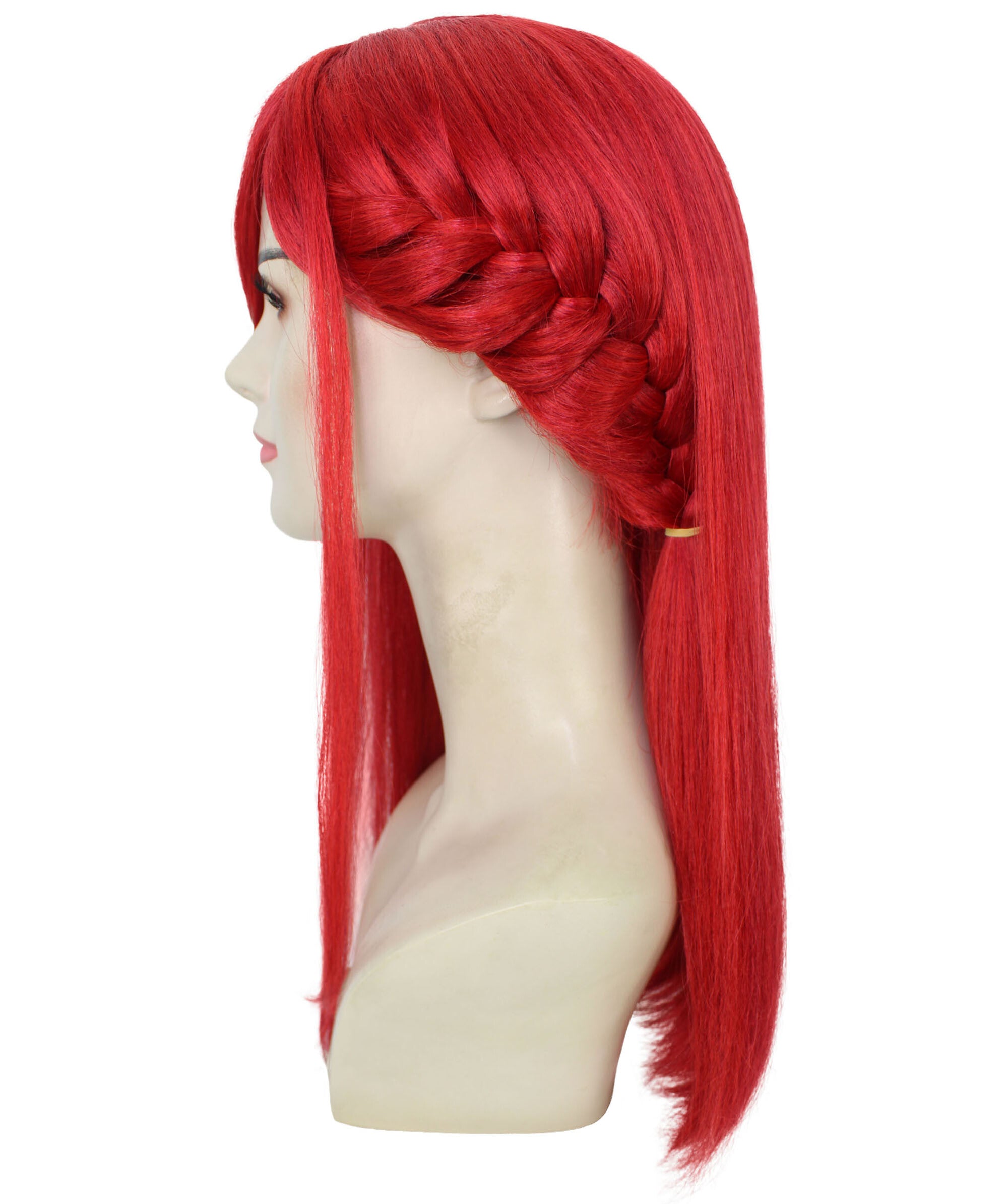 HPO Adult Unisex Soccer Anime Long Red Cosplay Wig with Side Braids I Perfect for Halloween I Flame retardant Synthetic Fiber