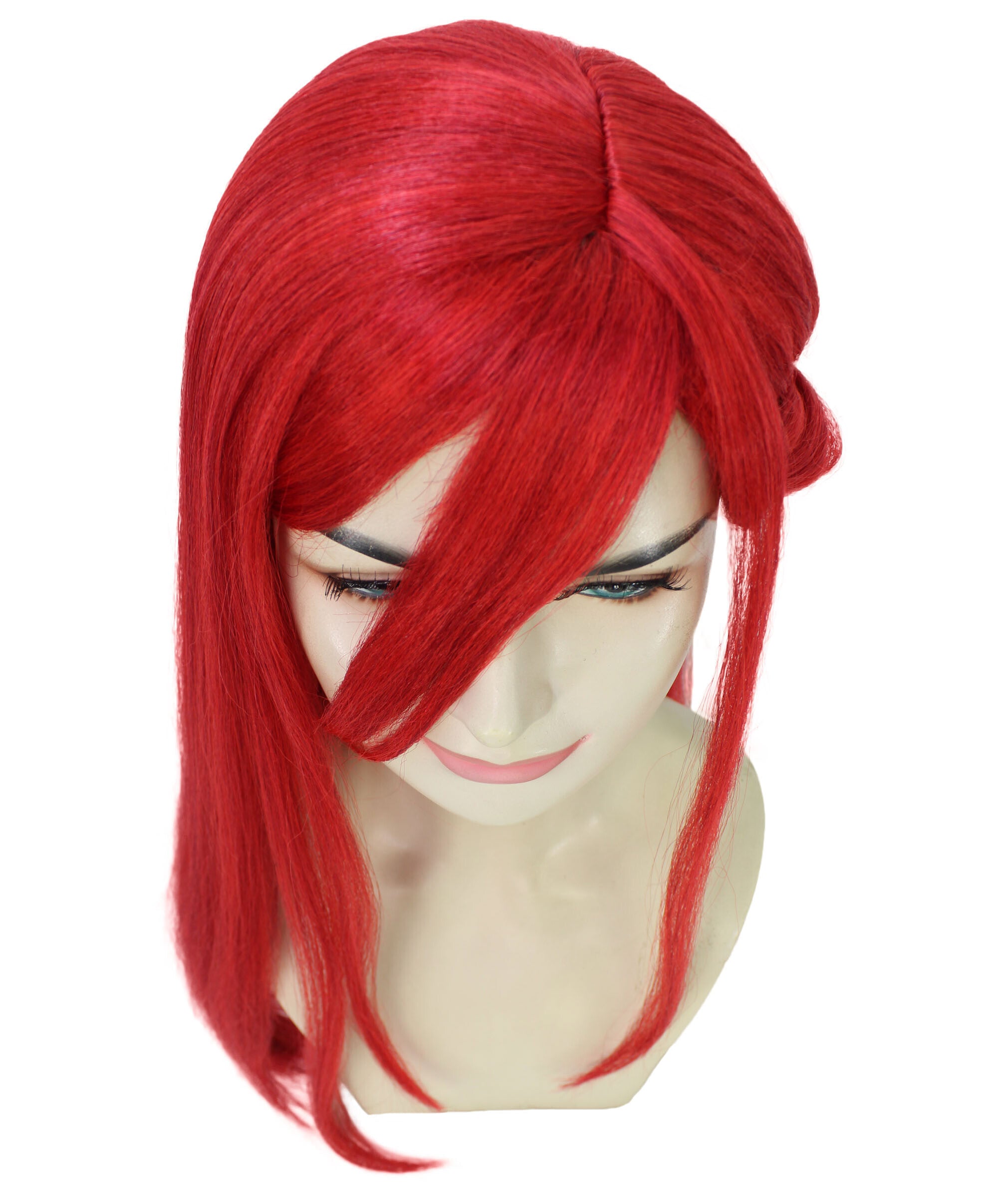 HPO Adult Unisex Soccer Anime Long Red Cosplay Wig with Side Braids I Perfect for Halloween I Flame retardant Synthetic Fiber