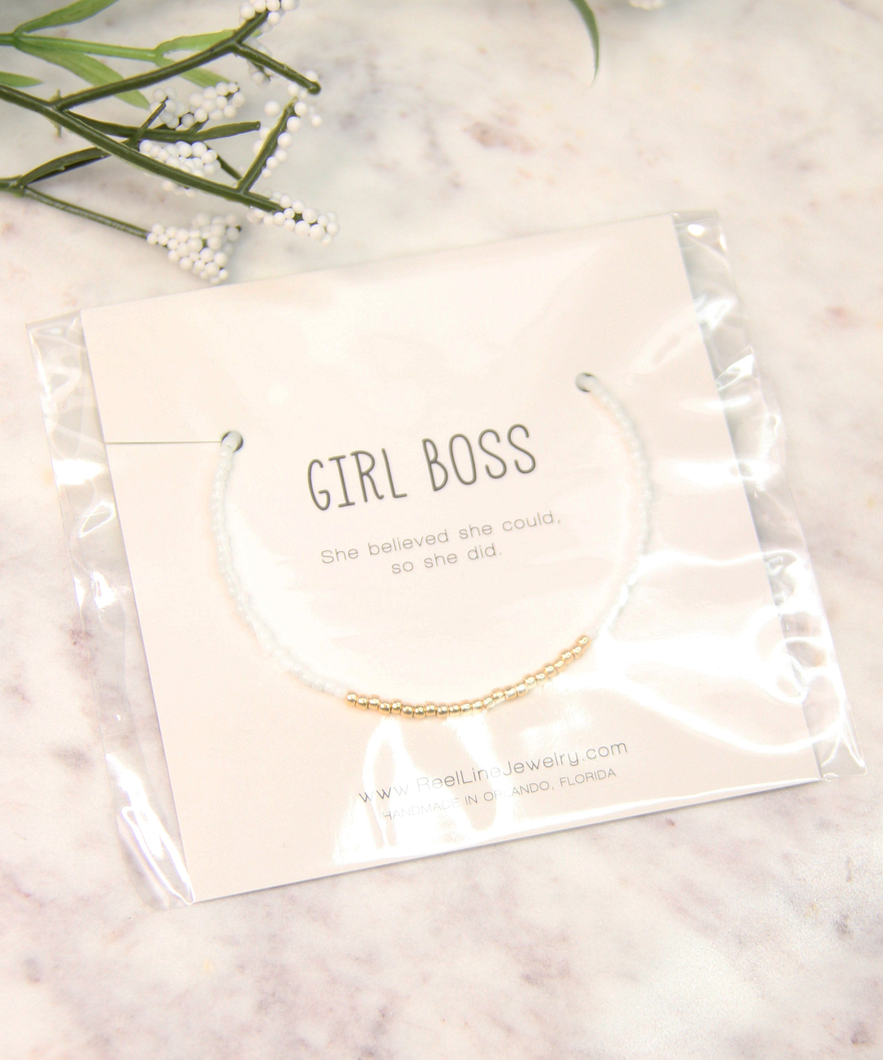 Minimalist Bracelet - Girl Boss, White Gloss/Gold