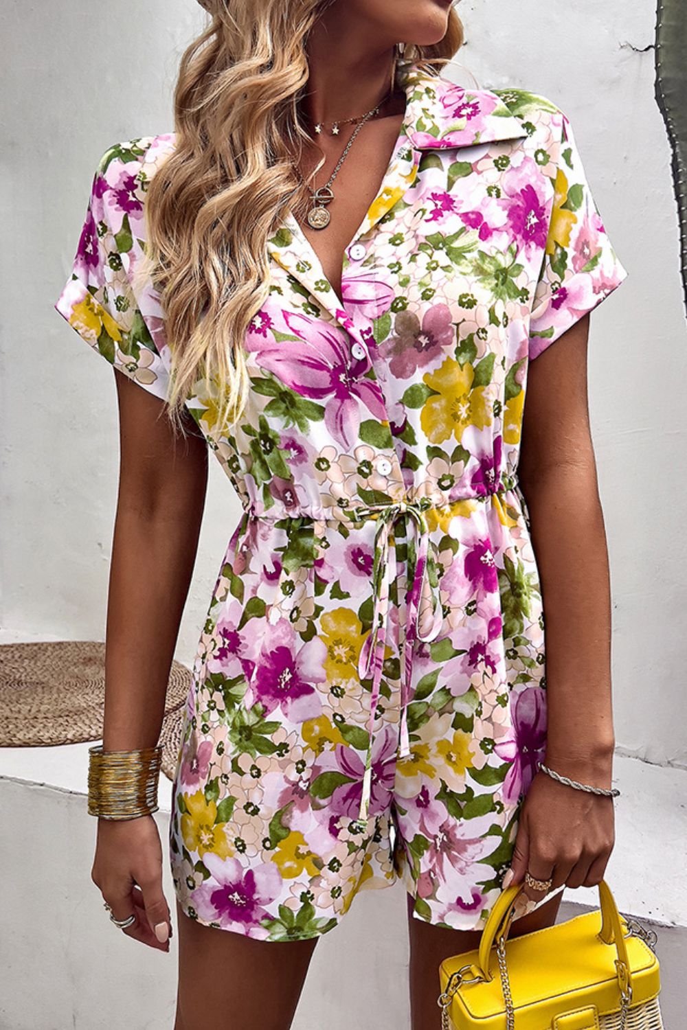 Floral Drawstring Lapel Collar Romper with Pockets