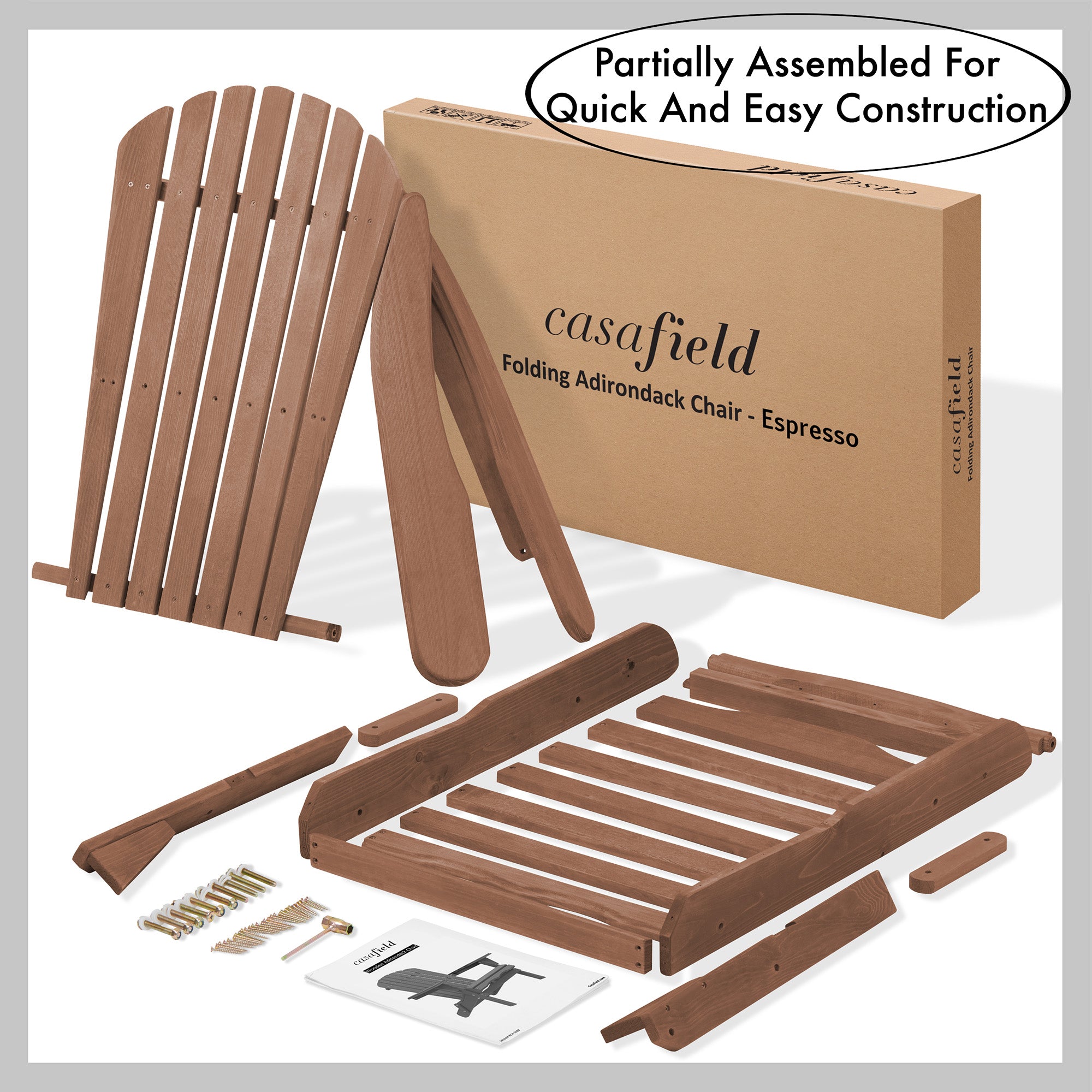 Folding Wooden Adirondack Chair, Pre-Assembled Backrest