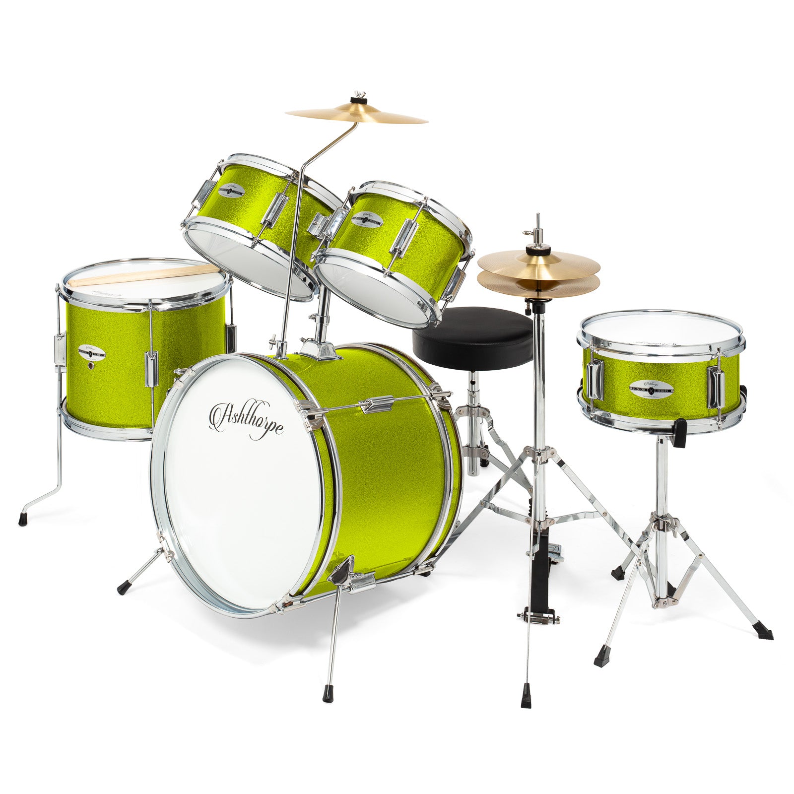 OPEN BOX - 5-Piece Junior Drum Set with Brass Cymbals - Starter Kit - Green