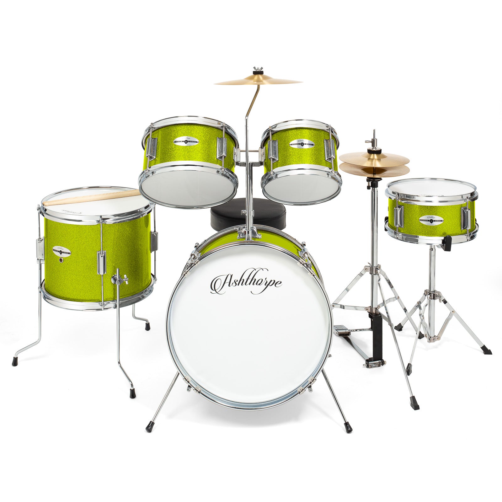 OPEN BOX - 5-Piece Junior Drum Set with Brass Cymbals - Starter Kit - Green