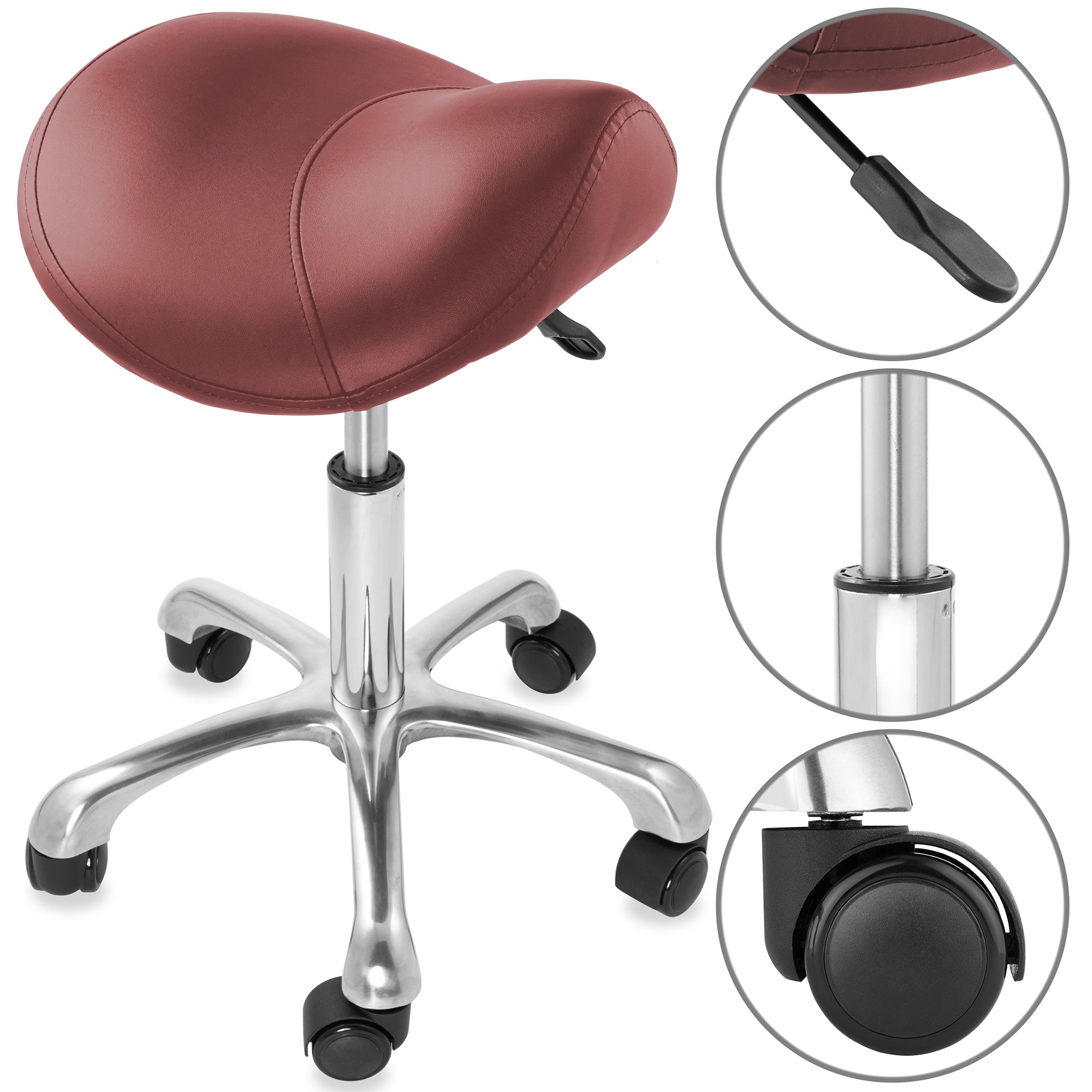 OPEN BOX - Hydraulic Adjustable Rolling Saddle Stool - Ergonomic - Burgundy