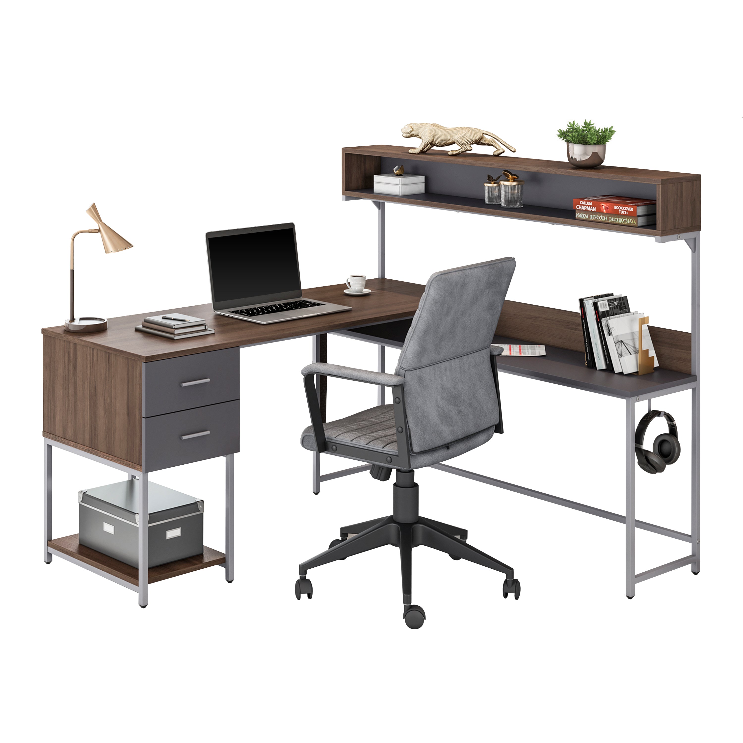 L-Shape Desk with Hutch and Storage