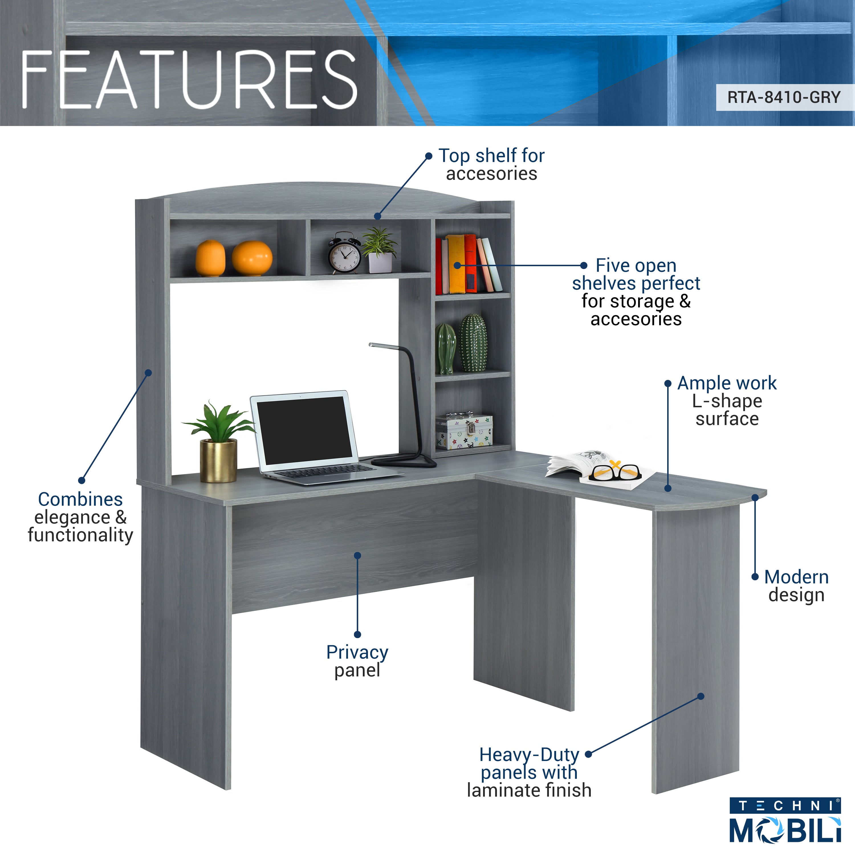 Modern L-Shaped Desk with Hutch