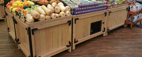 Wood Produce Display Bins with Shelves, Orchard Bins