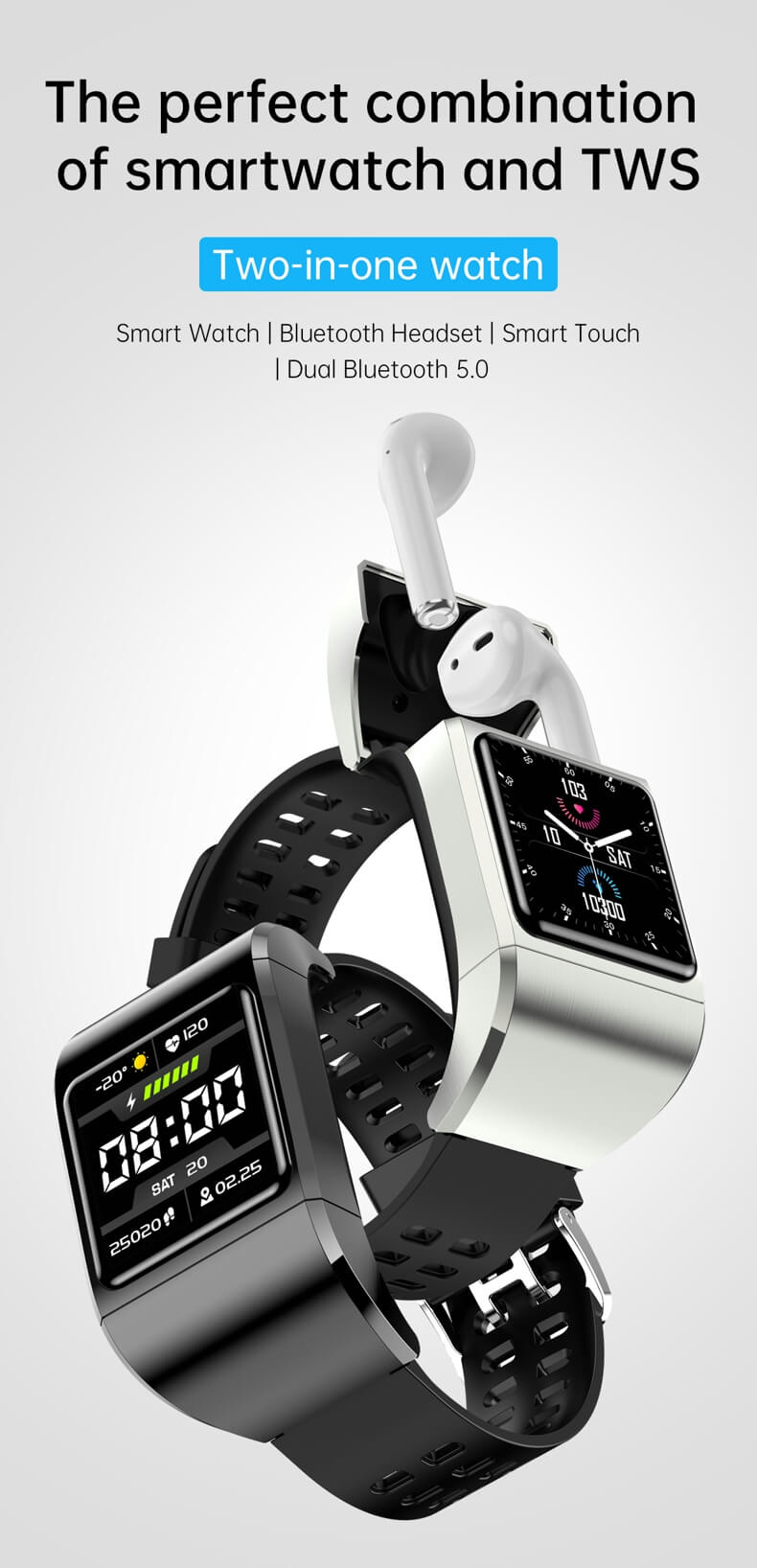 Findtime Smartwatch mit Ohrstöpseln Blutdruckmessgerät Herzfrequenz Blutsauerstoff