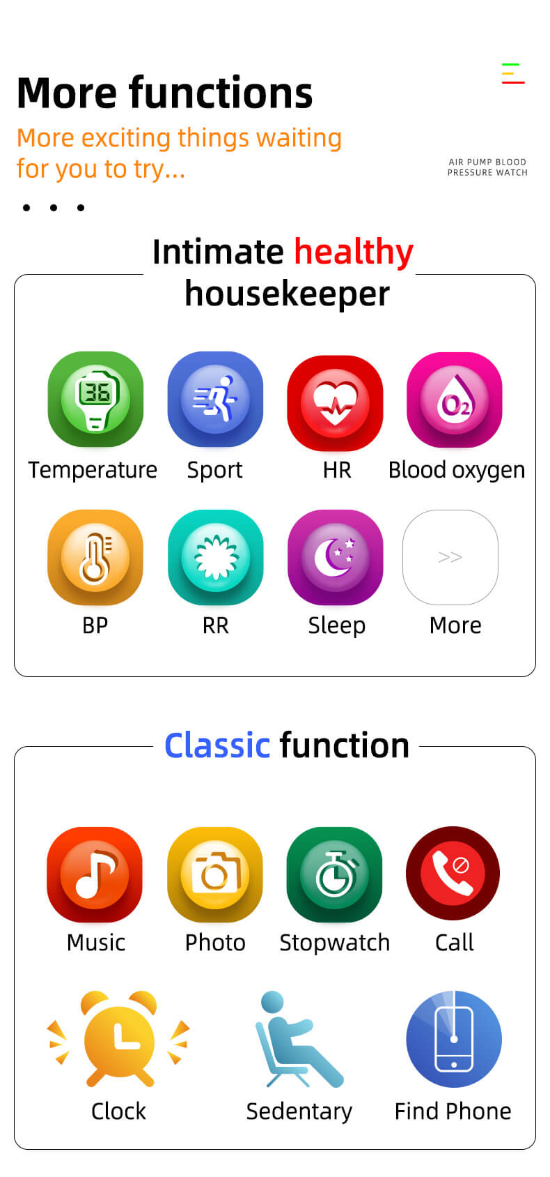 Reloj inteligente de presión arterial Findtime con bomba de aire, Monitor de ritmo cardíaco, oxígeno en sangre, temperatura corporal