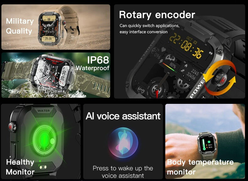 Reloj inteligente militar Findtime con monitor de presión arterial, frecuencia cardíaca, oxígeno en sangre, temperatura corporal, llamadas Bluetooth