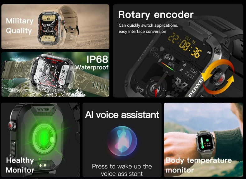 Findtime Militär-Smartwatch mit Blutdruckmessgerät, Herzfrequenz, Blutsauerstoff, Körpertemperatur, Bluetooth-Anrufen