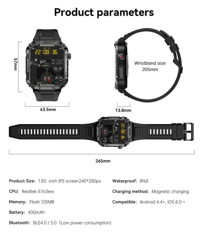 Reloj inteligente militar Findtime con monitor de presión arterial, frecuencia cardíaca, oxígeno en sangre, temperatura corporal, llamadas Bluetooth