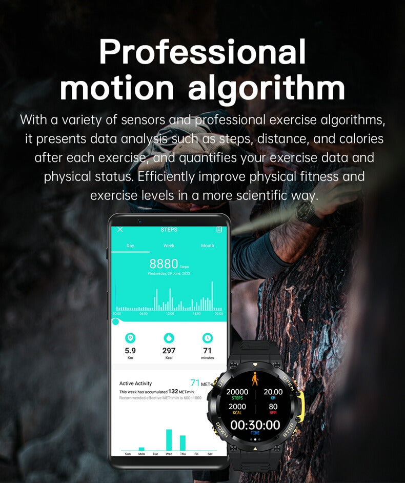 Reloj inteligente militar Findtime con presión arterial, frecuencia cardíaca, monitor de oxígeno en sangre, llamadas Bluetooth al aire libre