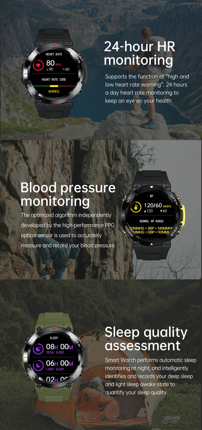 Reloj inteligente militar Findtime con presión arterial, frecuencia cardíaca, monitor de oxígeno en sangre, llamadas Bluetooth al aire libre