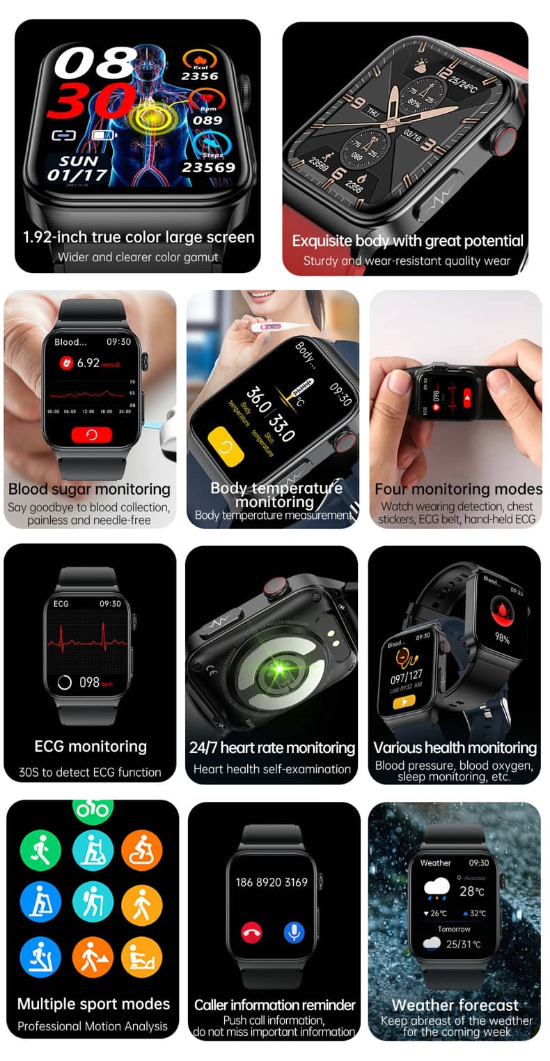 Findtime EKG-Smartwatch mit Blutdruckmessgerät, Körpertemperatur, Blutzucker, Herzfrequenz, Blutsauerstoff