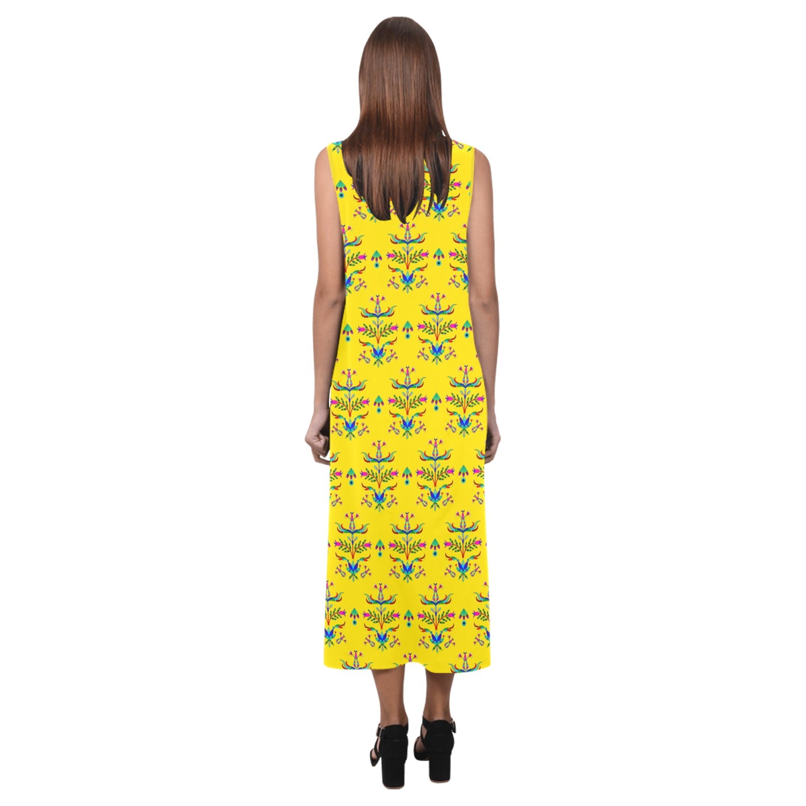 Dakota Damask Yellow Phaedra Sleeveless Open Fork Long Dress