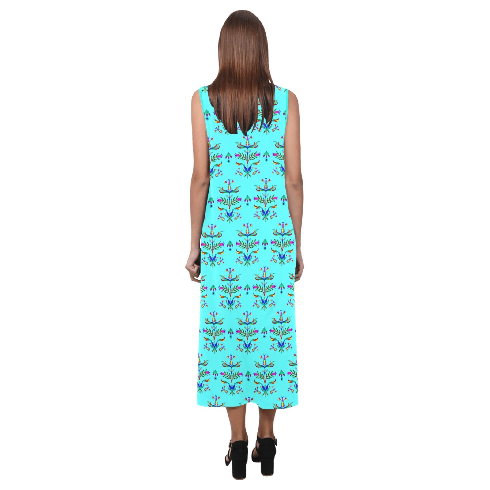 Dakota Damask Turquoise Phaedra Sleeveless Open Fork Long Dress