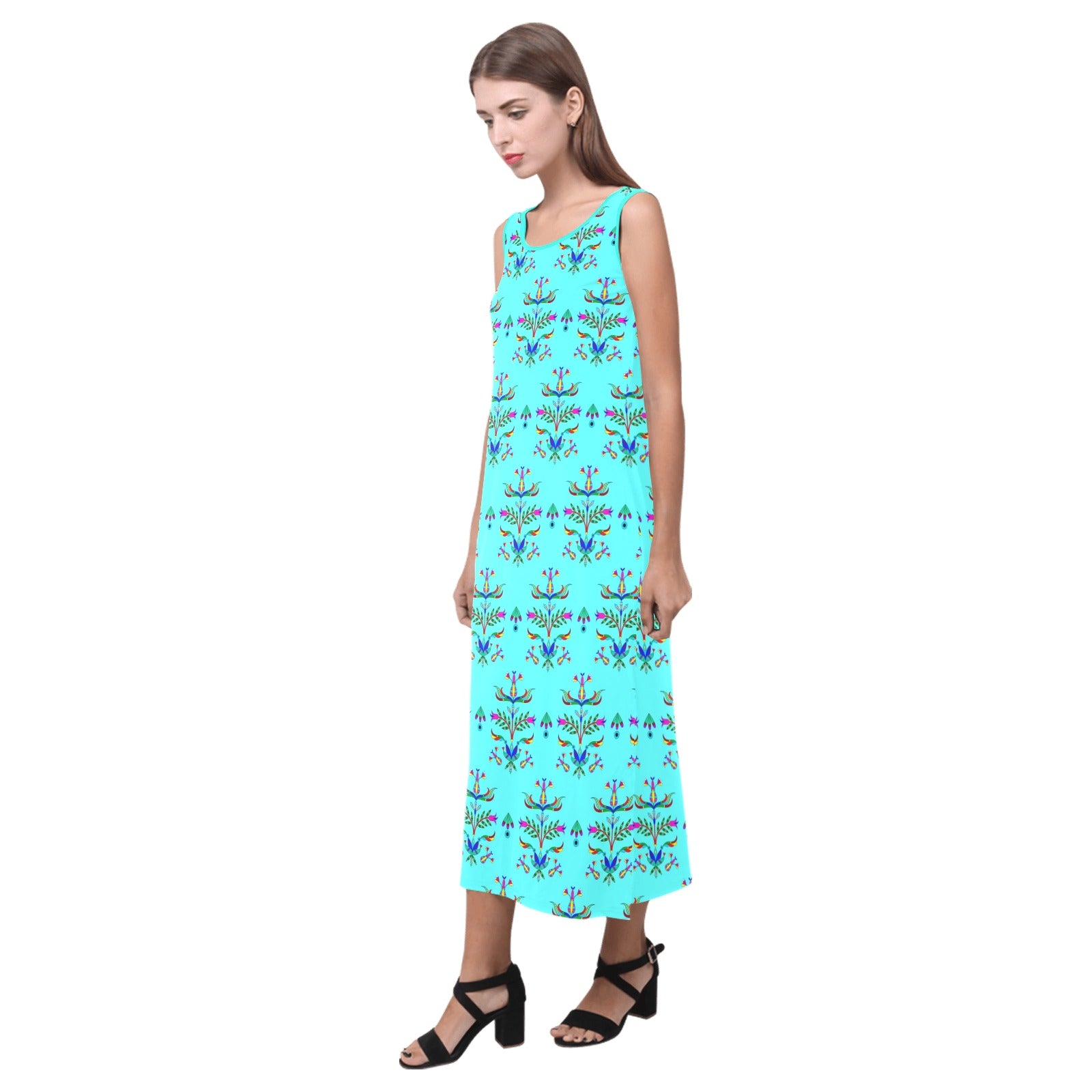 Dakota Damask Turquoise Phaedra Sleeveless Open Fork Long Dress