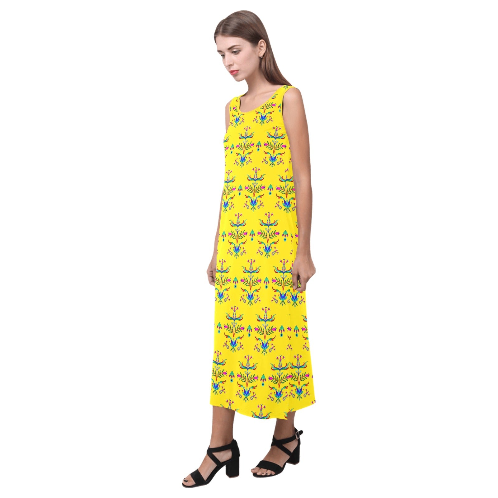 Dakota Damask Yellow Phaedra Sleeveless Open Fork Long Dress