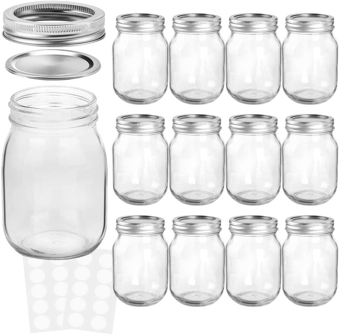 Mason Jars 16 oz With Regular Lids and Bands, Ideal for Jam, Honey, Wedding Favors, Shower Favors, Baby Foods, 12 PACK, 20 Whiteboard Labels Included