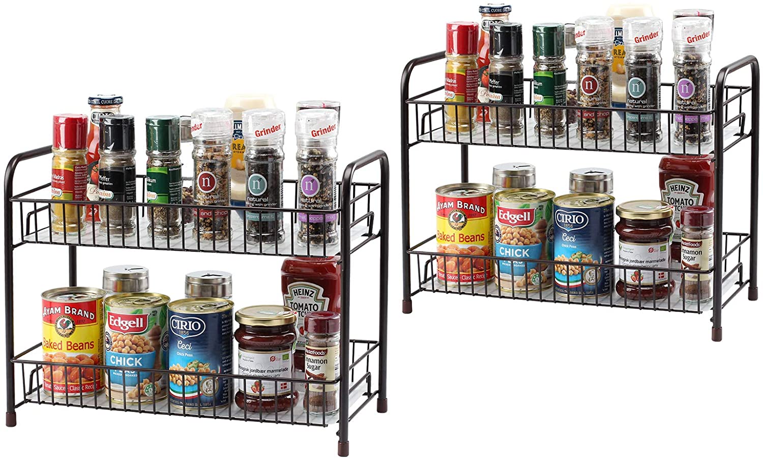 2PK-Spice Rack Organizer for Countertop Metal Wire 2 Tier Spice Organizer Storage Holder with Shelf Liner Freestanding for Kitchen Bathroom Cabinet Pantry Office-Bronze