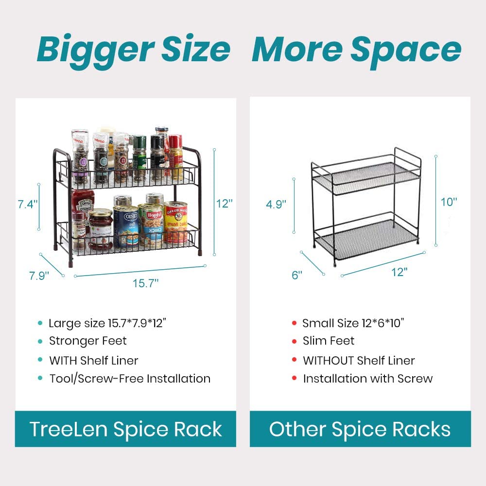 2PK-Spice Rack Organizer for Countertop Metal Wire 2 Tier Spice Organizer Storage Holder with Shelf Liner Freestanding for Kitchen Bathroom Cabinet Pantry Office-Bronze